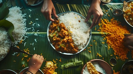 Traditional indian cuisine being served. a family meal with rice and spices. authentic dining, cultural experience. high-angle shot of hands and dishes. AI