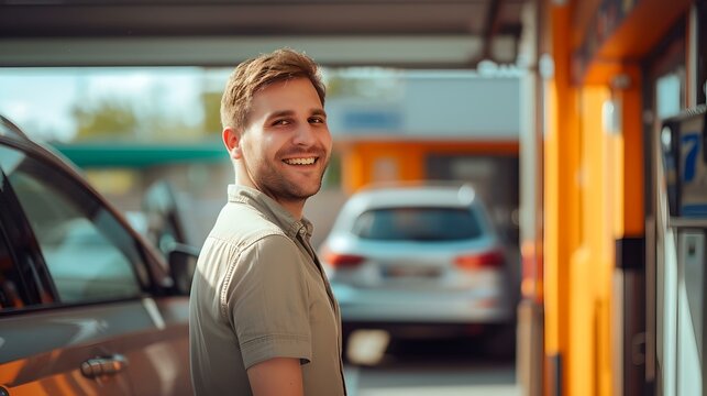 Smiling young man at a car wash on a sunny day. casual style, vibrant colors, everyday life scenario. ideal for lifestyle and automotive content. AI