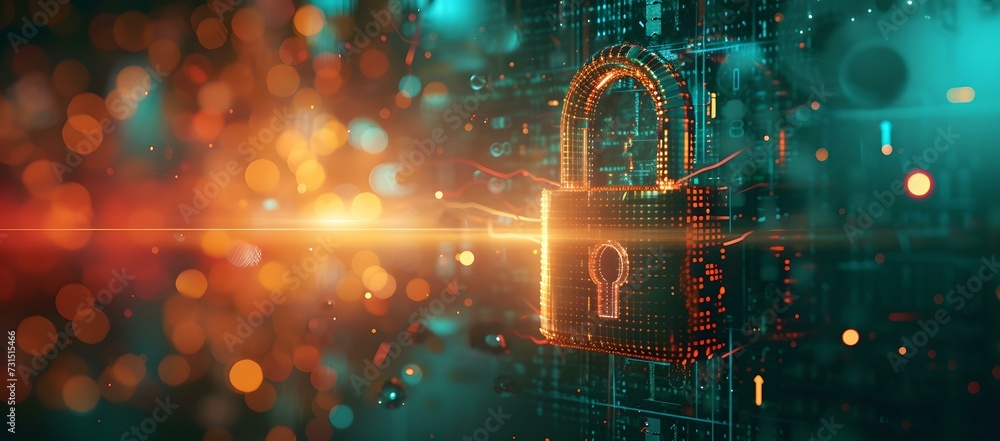 Poster futuristic cyber security concept with glowing locks and digital nodes. high-tech network protection