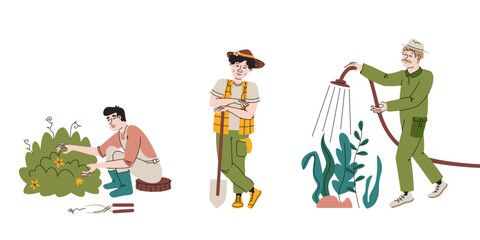 Set of different men growing plants. Male persons in doodle style.