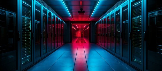 Futuristic server room with glowing lights, high-tech data center. concept of cybersecurity and modern technology. AI