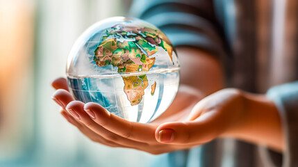 A young girl delicately holds a glass globe in her hands - obrazy, fototapety, plakaty