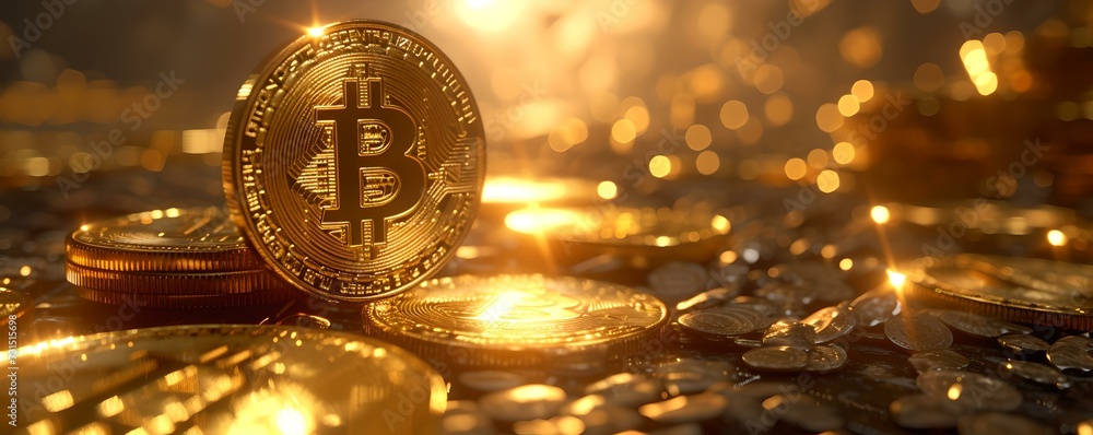 Poster bitcoin cryptocurrency on display with glowing lights. digital financial concept. blurred background