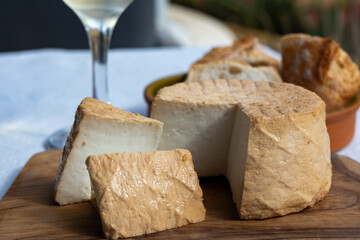 Cheese collection, piece of fresh smoked Spanish goat cheese close up