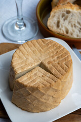 Cheese collection, piece of fresh smoked Spanish goat cheese close up
