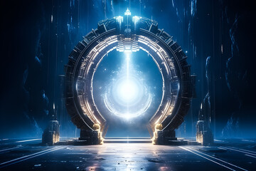 Sci Fy neon glowing   dark portal.  Empty  tunnel in the center. 3d rendering. Techology futuristic background,  generative ai