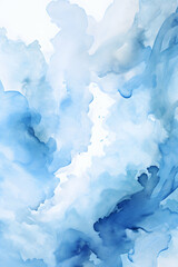 Watercolor painting, blue and white abstract background, sky with clouds