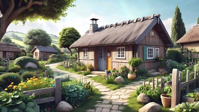 Wooden cottage in the garden with butterfly vintage style 3d rendering illustration