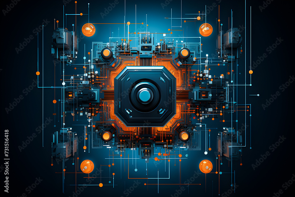 Poster 3d illustration of a pattern in the form of a metal, technological plating of a spaceship or a robot. Abstract Graphics in the style of computer games, generative ai