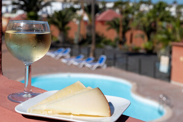 Spanish hard manchego, cow, sheep and goat cheese, cold white wine and blue swimming pool on background