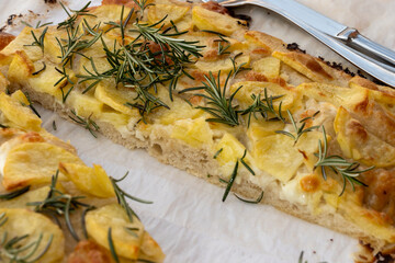 Fresh baked focaccia or pala romana pizza with potato vegetables and rosemary in bakery in Parma,...