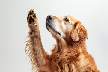 Golden Retriever Raising Paws.
A trained golden retriever with both paws up ready for a trick.