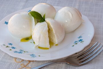 Cheese collection, white balls of soft Italian cheese mozzarella, served with olive oil, fresh basil leaves