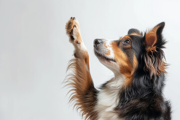 Dog Giving High Paw.
A tricolour dog raises its paw in a high five gesture on a light background. - obrazy, fototapety, plakaty