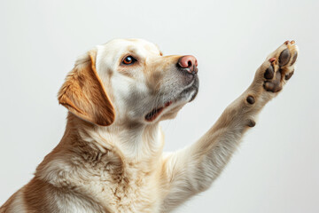 Labrador Dog Raising Paw.
A golden Labrador dog raises its paw politely against a neutral background.
