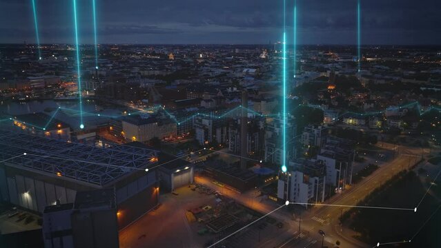 Apartment building in residential urban borough in evening. Backwards reveal of industrial facilities and halls. Helsinki, Finland. Added augmented reality visual effects