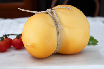 Cheese collection, Italian cheese scamorza, caciocavallo, provolone made from cow milk in South...