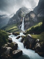 Naklejka na ściany i meble Scenic view of a stunning waterfall in the Alps