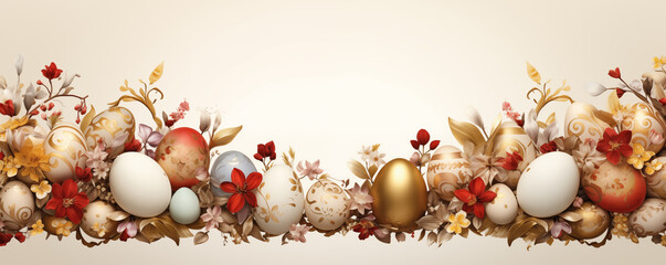 Happy Easter banner with golden easter eggs and red spring flower on bottom border background. Banner or invitation template layout for Easter Day. - obrazy, fototapety, plakaty