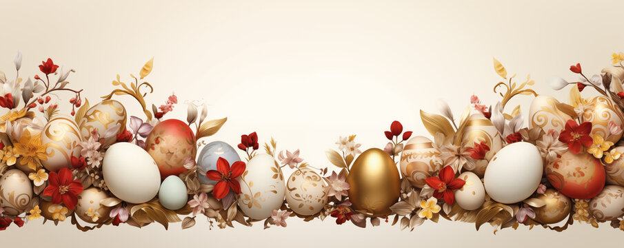 Happy Easter banner with golden easter eggs and red spring flower on bottom border background. Banner or invitation template layout for Easter Day.