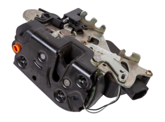 Detail of a car spare part made of black plastic and metal - door lock separately isolated on a white background. Repair in a car workshop, equipment for sale.