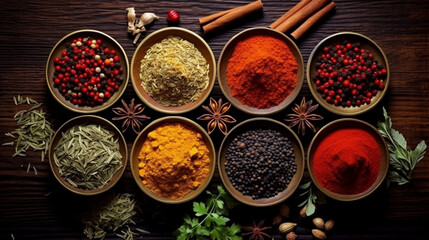 Different assortments of spices and flavors beautifully arranged on a wooden table. 