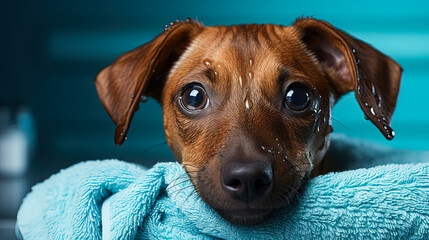 A small dog, snugly wrapped in a towel post bath