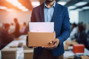Fired From A Job. Businessman holding cardboard box with personal belongings and office equipment leave from office. Unemployment, economic crisis, economic downturn, jobless, lay off concept.