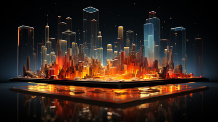Burning candles illuminate the urban skyline of a bustling city at dusk , 3d rendering of futuristic city with skyscrapers and light effects