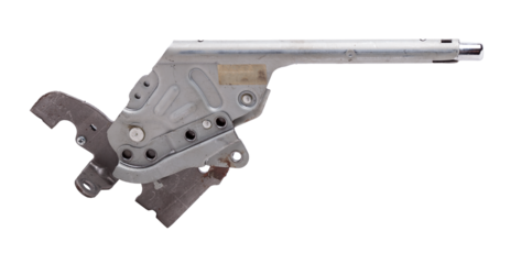 Closeup of a brake lever with a white handle with chrome elements of an expensive German auto on an isolated background in a photo studio for repairing a car's brake system in a workshop.