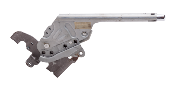 Closeup of a brake lever with a white handle with chrome elements of an expensive German auto on an isolated background in a photo studio for repairing a car's brake system in a workshop.