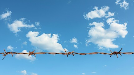 Skyward Bound Fortress, A Barbed Wire Fence Safeguarding Freedom Amidst Nature's Beauty, clear sky , Background image with blue sky.