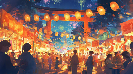 日本の夏祭りの風景　Generative AI - obrazy, fototapety, plakaty
