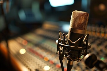A condenser studio microphone with a shock mount and windscreen is shown in a music studio, representing the musical concept - obrazy, fototapety, plakaty