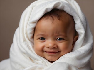 beautiful mixed race boy or girl, smiling and wrapped with white blanket. generative ai