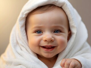 beautiful boy or girl, smiling and wrapped with white blanket. generative ai