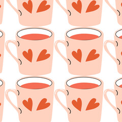 cute pink mug with heart pattern - romantic background. Vector illustration can used for wrapping paper, cover design. 