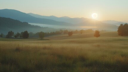 Obraz premium moment the morning sun rises above the beautiful scenery of mountains, hills and pastures. gentle mist. generative AI