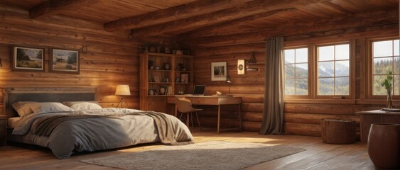 Cozy cabin interior with wooden background