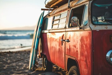 Fototapeta premium A red van or bus is parked on the beach with two long surfboards on top