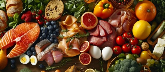Assortment of nutritious items, including fish, eggs, vegetables, fruit, and cured meats, for a...