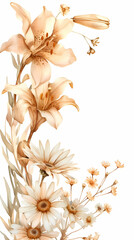 Background with flowers and leaves watercolor art painted. Wallpaper for mobile. 