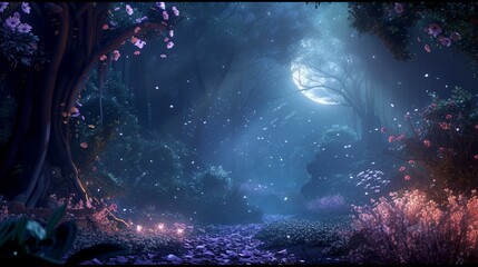 Enchanting Moonlit Grove Create a captivating animated forest scene bathed in the soft glow of moonlight.