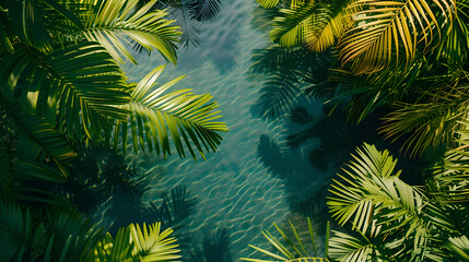 Palm leaves on the surface of ocean water with space for text. Top view of tropical leaf shadow on water surface. Beautiful abstract background concept banner for summer vacation at the beach.
