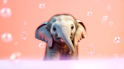 A baby elephant wrapped in a pink towel after a bath