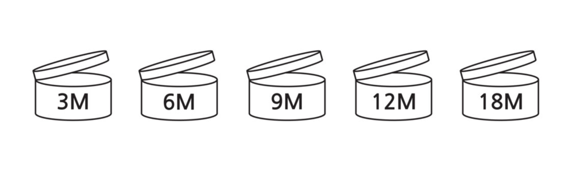 PAO cosmetic icon, mark of period after opening. Expiration time after package opened, white label. 3M, 6M, 9M, 12M, 18,  24 month expirity on white background, vector illustration. eps. jpg. png
