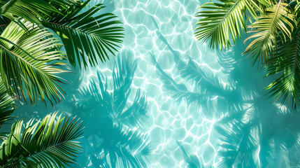 Fototapeta na wymiar Palm leaves on the surface of ocean water with space for text. Top view of tropical leaf shadow on water surface. Beautiful abstract background concept banner for summer vacation at the beach.