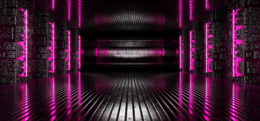 Warehouse Template Metallic Empty Stage Game Advertising Product Design Podium Banner Blue Pink Light Exhibition Hall Strips Metal Hangar Ship Glitter Spaceship Garage Background 3d rendering © Alexandr