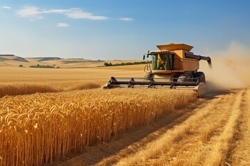 Harvesting a wheat field,, Harvesting wheat in rural landscape - obrazy, fototapety, plakaty