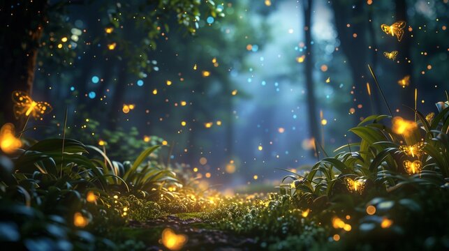 Mystical Firefly Woodlands Illustrate an enchanted cartoon forest illuminated by the gentle glow of fireflies.